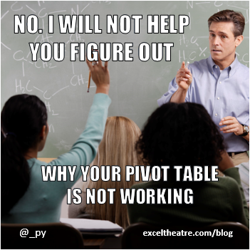 No. I will not help you figure out why your pivot table is not working. exceltheatre.com/blog/