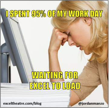 I spent 95% of my work day waiting for excel to load http://exceltheatre.com/blog/