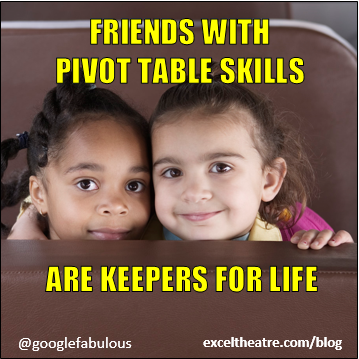 Friends with pivot table skills are keepers for life. http://exceltheatre.com/blog/