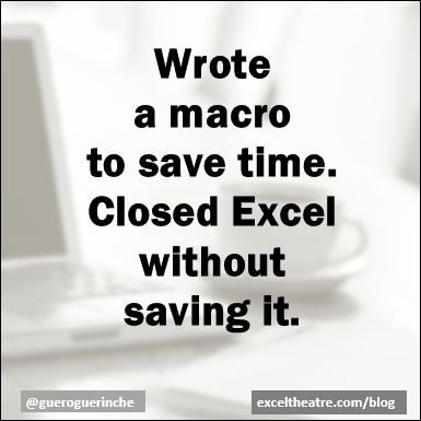 Wrote a macro to save time. Closed Excel without saving it. http://exceltheatre.com/blog/
