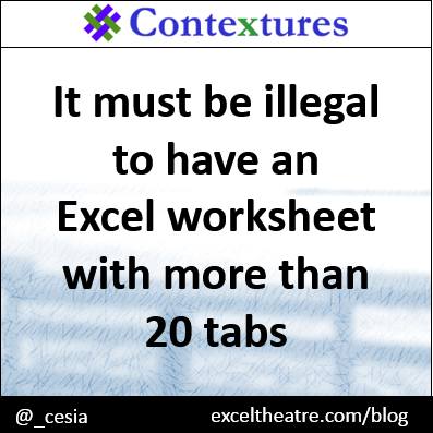 It must be illegal to have an Excel worksheet with more than 20 tabs http://exceltheatre.com/blog/