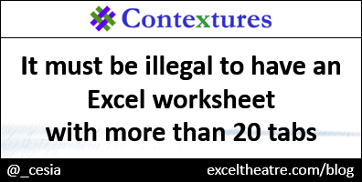 It must be illegal to have an Excel worksheet with more than 20 tabs http://exceltheatre.com/blog/