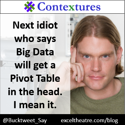 Next idiot who says Big Data will get a Pivot Table in the head. I mean it. http://exceltheatre.com/blog/ 