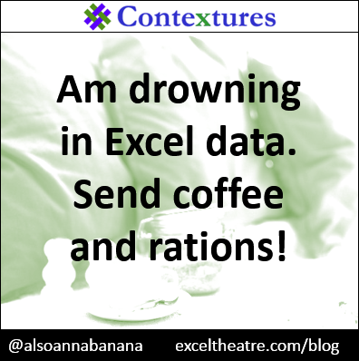 Am drowning in Excel data. Send coffee and rations! http://exceltheatre.com/blog/