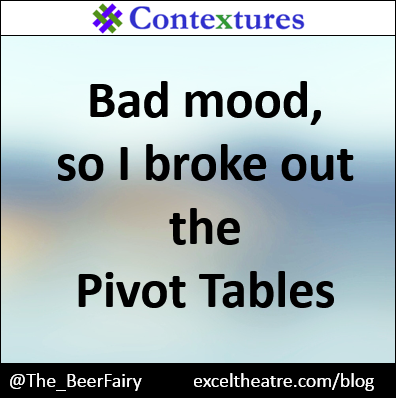 Bad mood, so I broke out the Pivot Tables http://exceltheatre.com/blog/