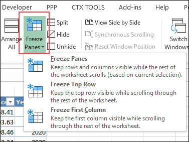 freeze panes commands on Excel Ribbon