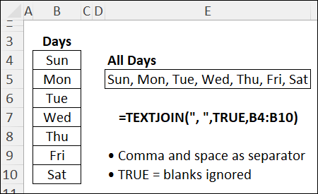 join all the days with a comma and a space, ignoring any blank cells